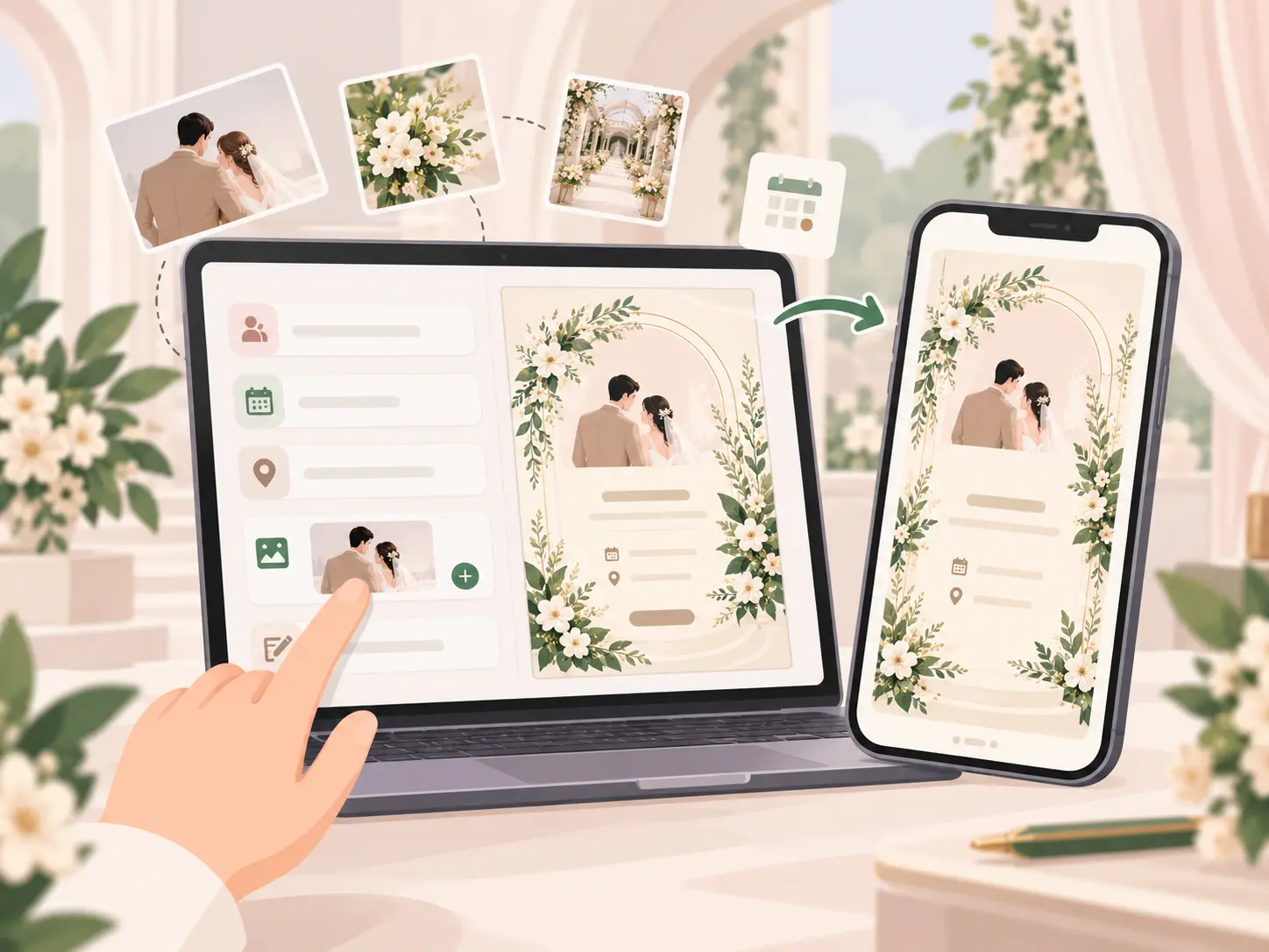 Data acara dan foto pasangan diisi di laptop, lalu langsung tampil di undangan pada HP